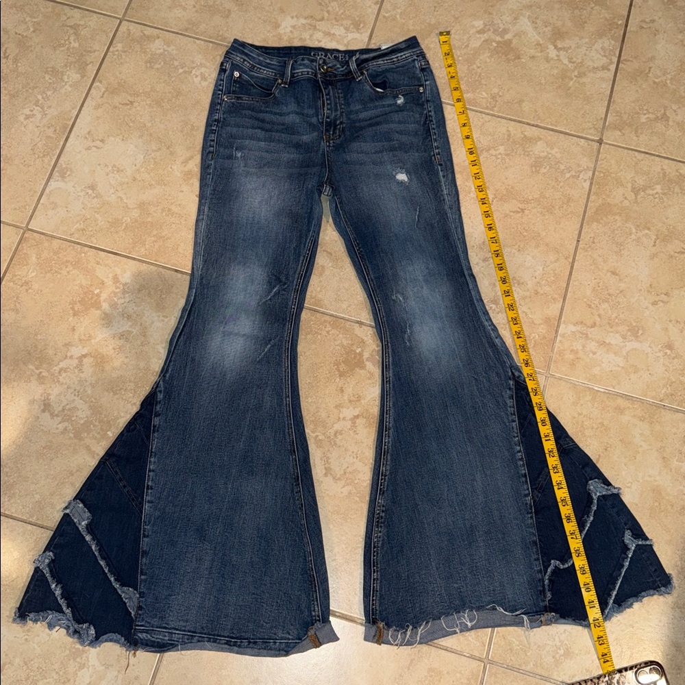 Grace Distressed Flare Jeans in Dark Blue